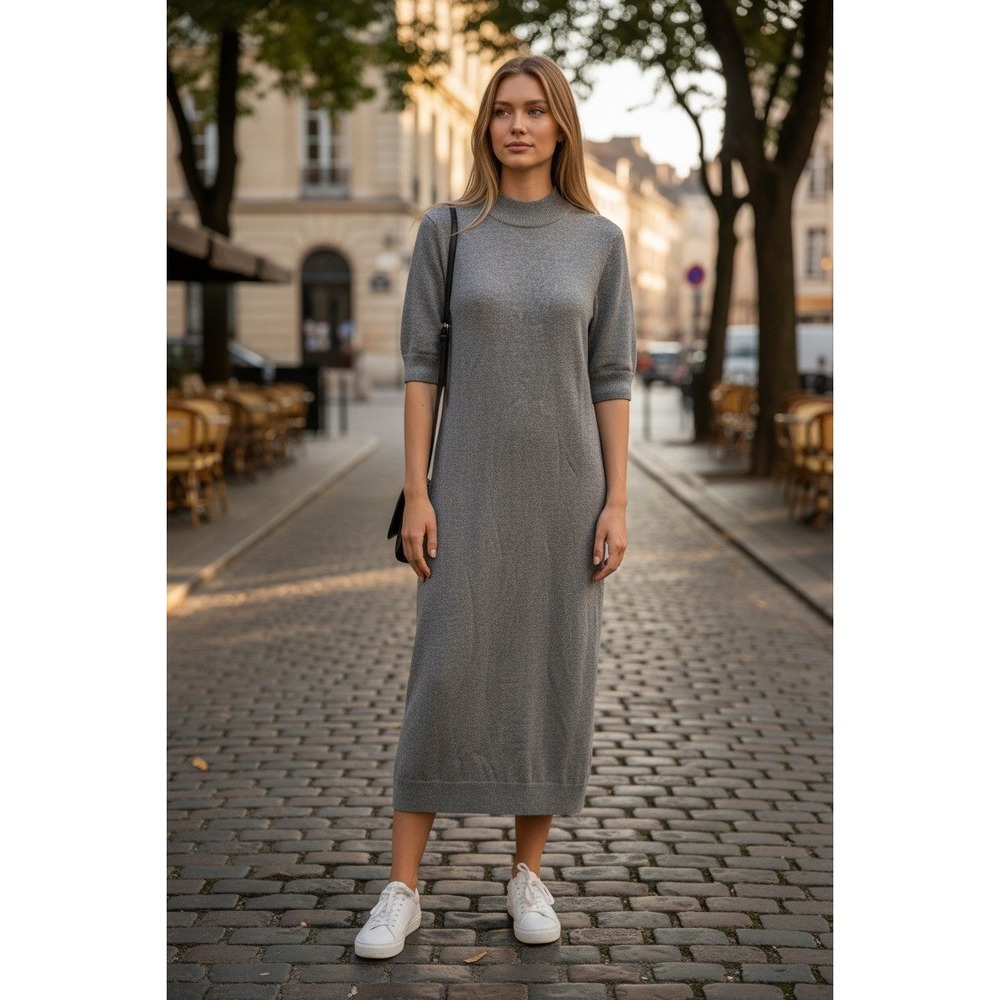 Michael Kors Gray Wool Blend Mock Neck Half Zip Midi Sweater Dress Large